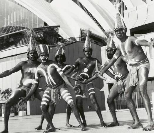 Lardil dancers from Mornington Island, Qld, at the Sydney Opera House in the 1970s. Photo credit: Alex Ozolins