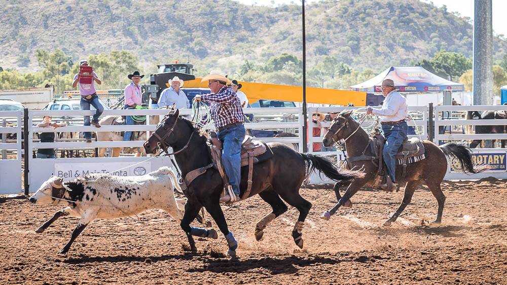Bronc contractor Garry McPhee (LEFT) and Ron Purse, competing in the Over 55's Team Roping.