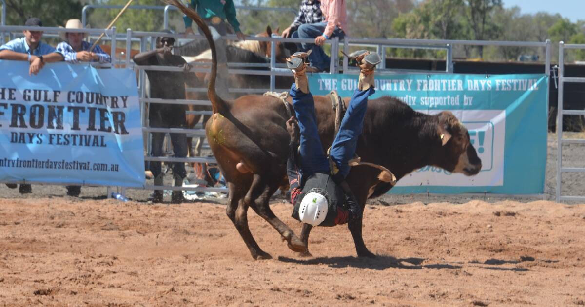 DOWN UNDER: Retrief Johnson is about to take a hard landing in the junior bulls at Gregory. Photo: Derek Barry