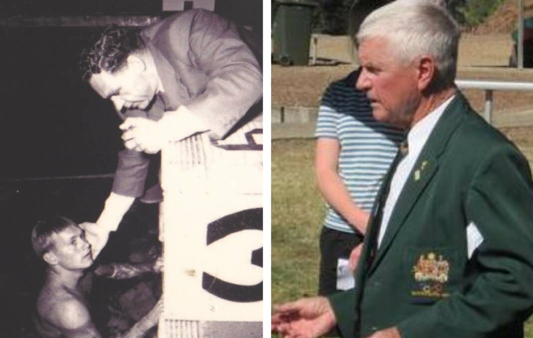 Bill Burton being tested by doctor and Bill in 2012 wearing his 1960 Australian Olympic Games blazer.