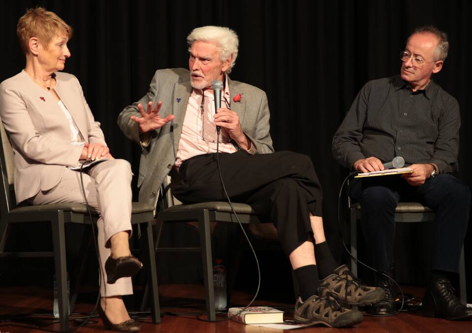 DISCUSSION: Flanked by Jan Edwards and Andrew Denton, Dr Rodney Syme speaks during last Sunday's forum. 