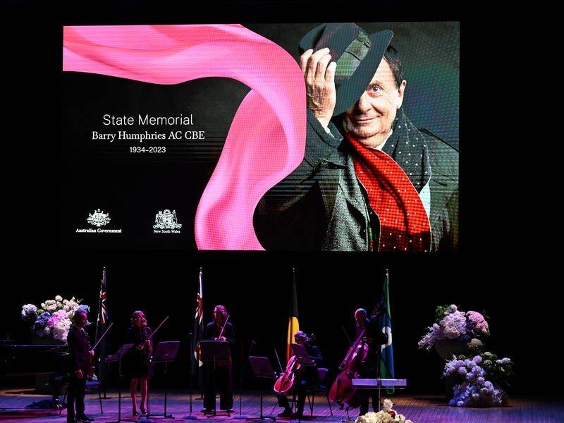 A memorial service at the Sydney Opera House has celebrated the life and work of Barry Humphries. (Dean Lewins/AAP PHOTOS)