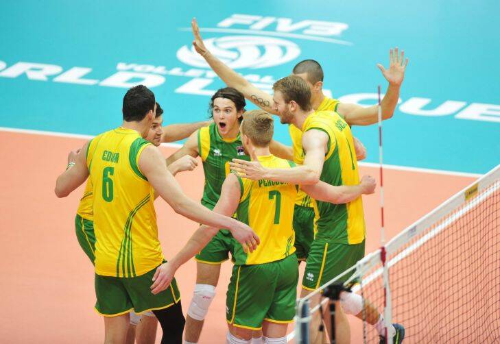 SPORT: Australian Volleyroos v Finland at the AIS arena Canberra. centre Volleyroos player Paul Sanderson celebrates with team mates .   8th June. 2104. Photo by Melissa Adams of The Canberra Times.