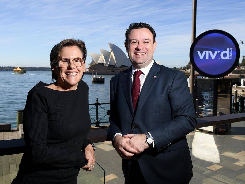 Festival Director Gill Minervini and NSW Tourism Minister Stuart Ayres at the 2021 launch of Vivid.