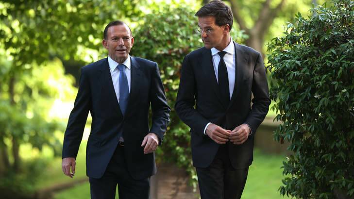 Prime Minister Tony Abbott, left, with Dutch Prime Minister Mark Rutte in the Netherland to discuss developments in the identification of remains of MH17 victims. Photo: Kate Geraghty