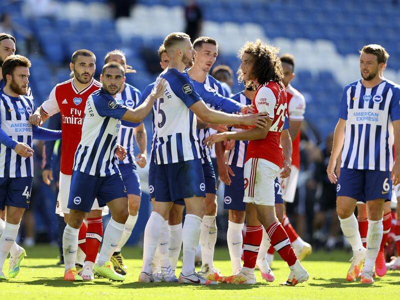 Arsenal's Matteo Guendouzi clashed with Brighton's Neal Maupay (center, left)