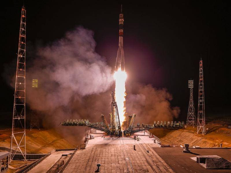 The Soyuz MS-12 spacecraft lifts off from the launch pad at the Baikonur cosmodrome, Kazakhstan.
