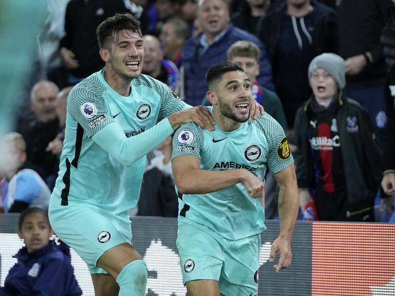 Brighton's Neal Maupay (r) celebrates his last-gasp Premier League equaliser at Crystal Palace.