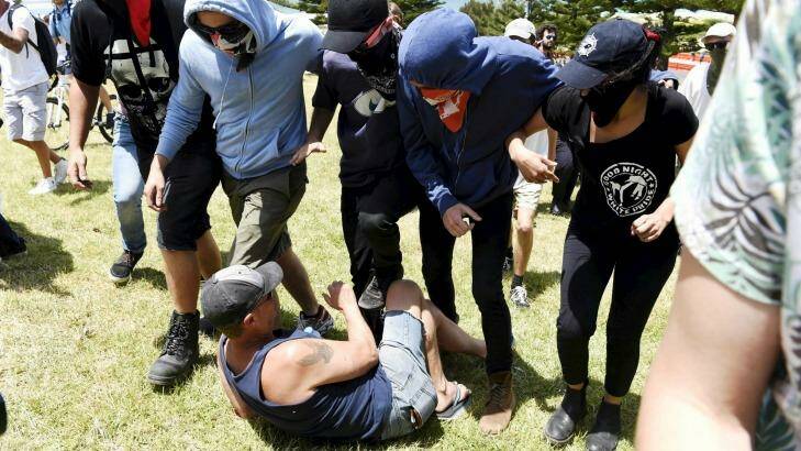 Antifa protesters at the 10th anniversary of the Cronulla race riots. Photo: James Brickwood