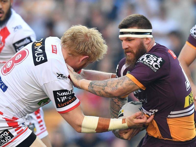 Josh McGuire (r) played his final game for Brisbane in the Elimination Final loss to the Dragons.