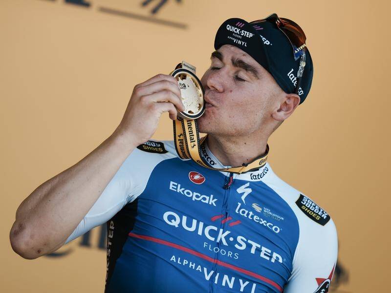 Dutchman Fabio Jakobsen celebrates winning the second stage of the Tour de France in Denmark.