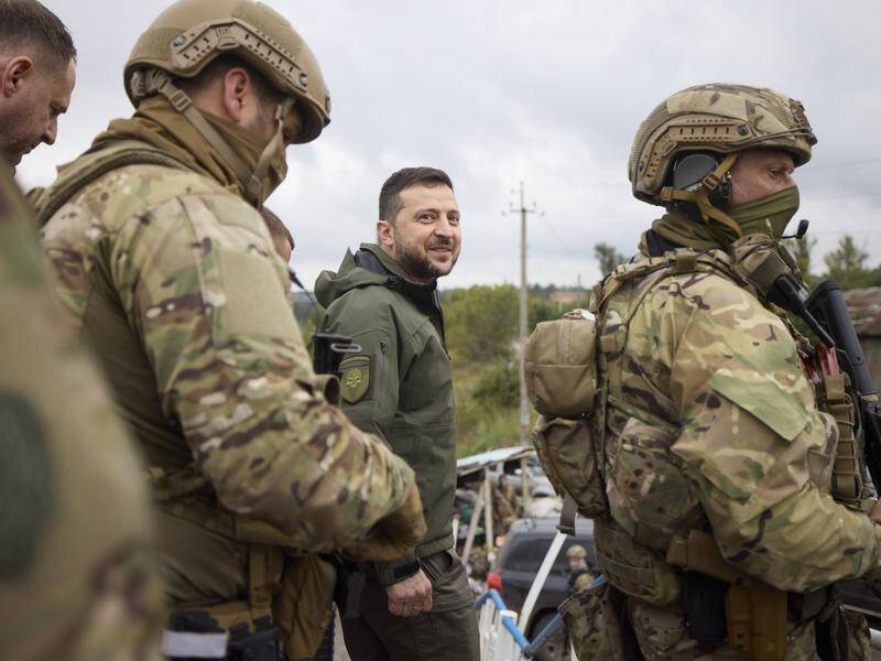 Ukraine's President Volodymyr Zelenskiy has visited the recently recaptured frontline town of Izium. (AP PHOTO)