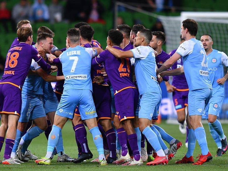 Melbourne City and Perth Glory were involved in a scuffle before Nathaniel Atkinson got City's goal.
