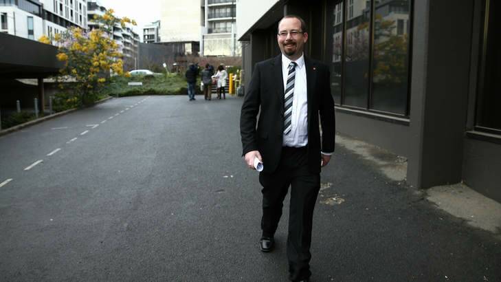 AMEP Senator Ricky Muir arrives for a meeting at the PUP office at the National Press Club on Tuesday. Photo: Alex Ellinghausen