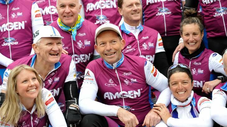 Tony Abbott on Pollie Pedal last year before the 2013 election. The charity that benefits from the ride has criticised the government's planned changes to the welfare sector. Photo: Justin McManus