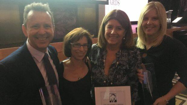 Caroline Wilson, with the Harry Gordon Australian sports journalist of the year award in 2016 with Age colleagues Michael Gleeson, Chloe Saltau and Emma Quayle.  Photo: Supplied

