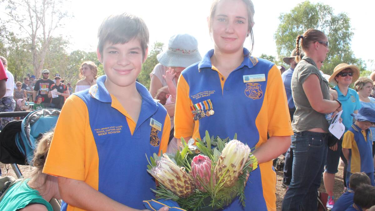 BARKLY HIGHWAY STATE SCHOOL: Brock Schafer, 12, and Tara Bailey, 12, honour the Anzac Day heroes at George McCoy Park.