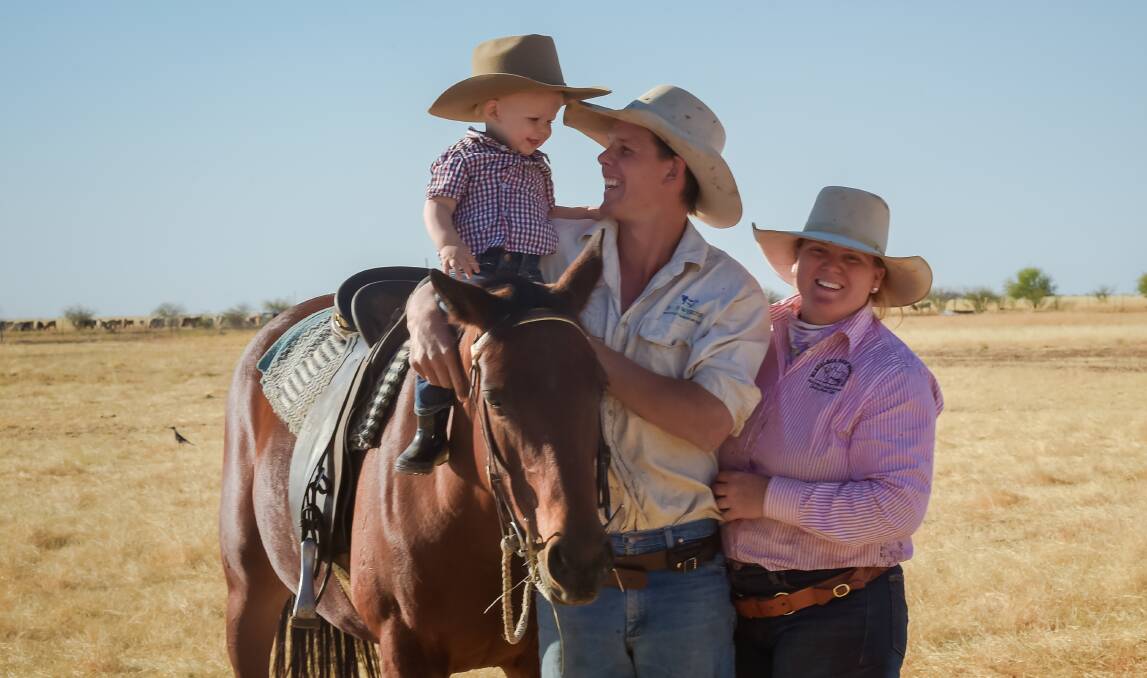 Jake and Sally Webster at home at Balootha, Julia Creek, with their young son Clancy. Photos - Kelly Butterworth. 