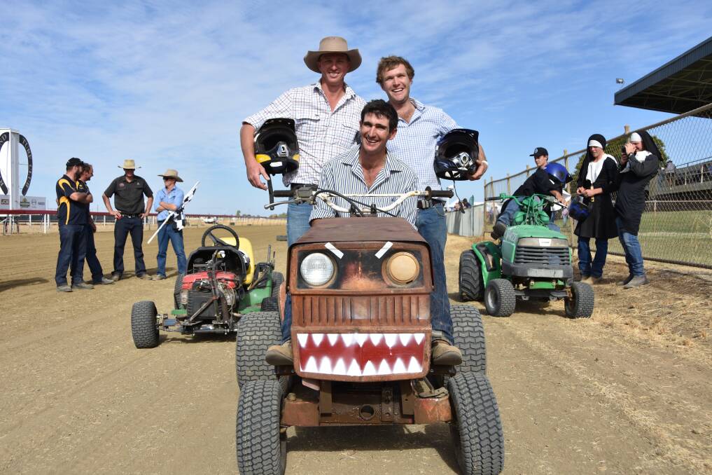 WINNERS: Hughenden’s Jack Stewart-Moore, and Angus and Stuart Propstring of Villadale Station took out the lawn mower race at the Richmond Field Days.
