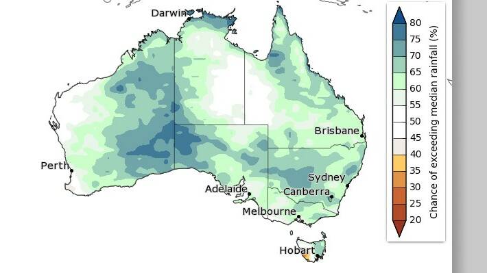 NOVEMBER OUTLOOK: Despite the hype, the majority of Queensland has only a less than 60 per cent or less chance of receiving above average rainfall in November. Source - BOM 