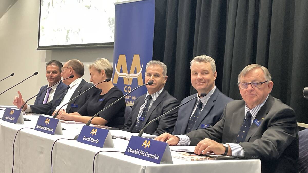Australian Agriculture Company chairman Donald McGauchie and CEO Dave Harris with the AA Co board at the annual general meeting in Brisbane on Thursday. Picture Mark Phelps