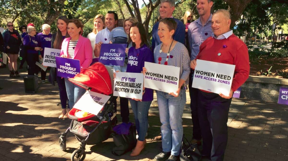 Labor MPs showing their support: Mark Bailey (second from right), Di Farmer (third from right), Stirling Hinchliffe (fourth from right), Yvette D'Ath (fifth from right), Shannon Fentiman (sixth from right) and Jackie Trad (second from left). Photo: Toby Crockford - Fairfax Media