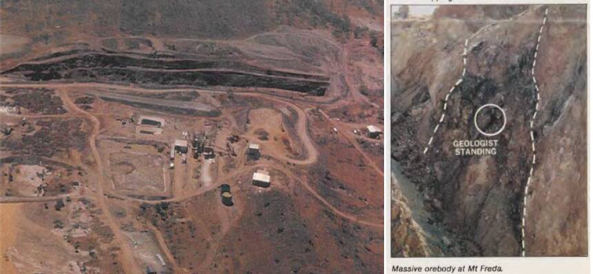 Mt Freda Project area (Circa 1990) – existing infrastructure shown – picture on right shows open cut ore body that was mined in the pit (left photo) in 1988-1990. Picture: supplied. 