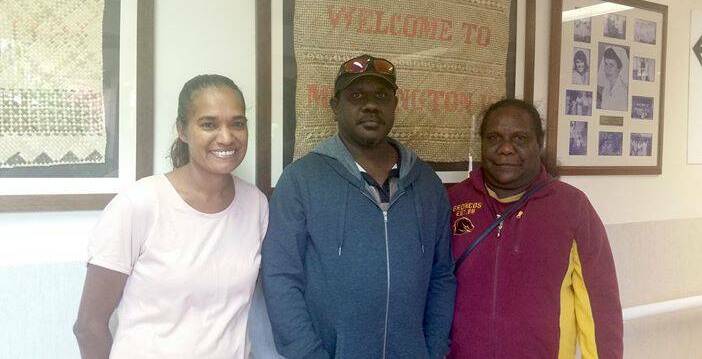 Mornington Island resident Lester Ben became one of only two Wellesley Islands residents to ever have a kidney transplant last year.  Coreen Reading (Clinical Nurse Community Health), Lester Ben (patient), Amanda Roughsey (Lester’s partner). Photo: Mornington Shire Counci