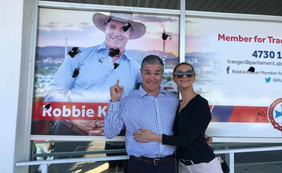 Robbie Katter and his wife Daisy show off the damage done at his Mount Isa electorate office on Thursday night. Picture: Daisy Katter/Facebook.
