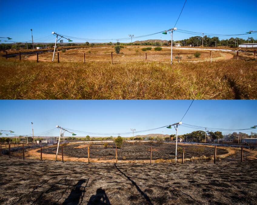 SPEEDWAY: The track, before and after fire swept through.
